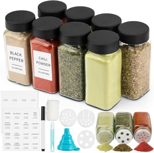 Ferenando 120ml Square Glass Spice Jars with Lids and Labels, 16 Shaker Lids, 8 Pcs Glass Seasoning Jars 120ml, Spice Storage Jars with Funnel, Brush, Pen, for Kitchen Spice Containers and Shaker