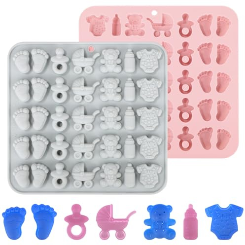 2pz Stampi per Cioccolato Baby Shower, Tutina in Silicone a Forma Piedini di Bambino Ciuccio Passeggino e Orsetto per Cupcake Decorazioni Gommose (Grigio, Rosa)