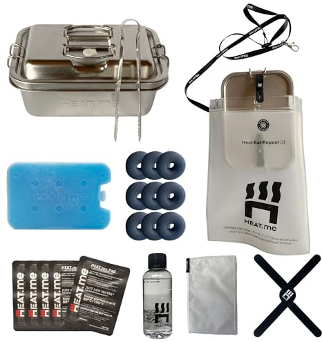 HEAT.me All-in-one Lunchbox Kit - 2 Edelstahl Boxen 1800ml+800ml | Grillen, Kühlen & Erwärmen stromlos | 5 Heizpads & 24 Grillringe | Für Outdoor, Camping, Büro & Arbeit