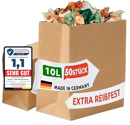 Cartevo Premium Biomüllbeutel 10L - 50 Stück Bio müllbeutel Extra reißfest &Nassfest Biomülltüten Papier für Küche Biomülleimer & Biotonne | Papiertüten plastikfrei, umweltfreundlich & kompostierbar