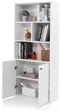 KOMFOTTEU Estantería de Madera, Librería para Libros con 4 Cubos y 1 Armario con 2 Puertas, Mueble de Almacenamiento con Estante Ajustable, Dispositivo Antivuelco para Salón, 70 x 30 x 155 cm
