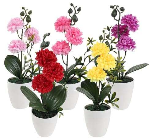 MAGICLULU Lot de 5 Petites Fleurs Artificielles de Chrysanthème en Pot Multicolores en Soie et Plastique, Décoration D’intérieur pour Maison, Bureau et Table