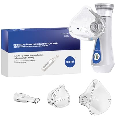 IEA Medical Kochsalzlösung 0,9% NaCl 20×5 ml + Inhalationsgerät – Set | Tragbarer Inhalator + 20 sterile Kochsalz-Einzeldosen (5 ml) – komplett-Set zum Inhalieren für Baby, Kinder & Erwachsene