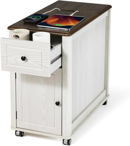 JINOVIA Beistelltisch, Nachttisch mit Steckdosenleiste, – 65cm Extra Tief, Mobiler Sofatisch auf Rollen mit Schublade & Getränkehalter, Platzsparender Nachttisch für Laptop & Tablet
