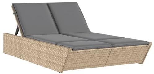 Fisinber Doppel-Sonnenliege mit Auflagen Beige Poly Rattan Gartenliege für 2 Personen 4-Fach verstellbare Rückenlehne Doppelliege für Garten Terrasse und Balkon 118x200cm