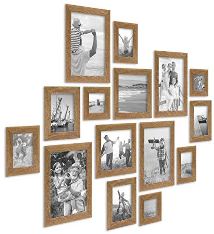 PHOTOLINI Bilderrahmen-Set Holz Eiche-Optik, 15er Rahmenset Echtholz-Rahmen rustikal, Strandhaus, Made in Germany, Echtglas, zum Aufhängen, extra Zubehör - Treibholzlook mit einem Hauch Küstenflair