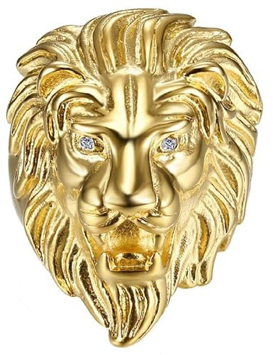 BOBIJOO JEWELRY - Bague Tête de Lion Homme Yeux Faux diamants Acier Inoxydable Plaqué Doré Or - 18,5 (8 US)
