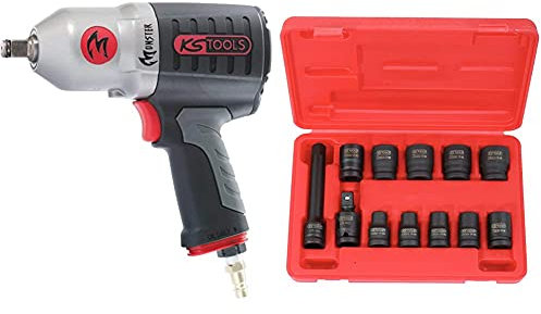 KS TOOLS 515.1210 Clé à Chocs Monster 1/2'', Clé A Choc Electrique Et Boulonneuse A Choc, 3 Réglages De Couple - 1690 Nm - Gris & Coffret de douilles à chocs 6 pans 1/2'' - 10 douilles, 12 pièces