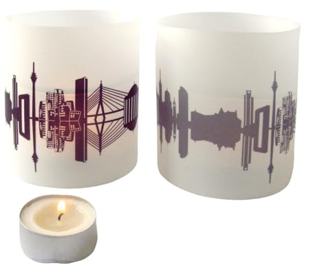 Düsseldorf Skyline Windlicht 2er Set Lichthülle - Tischlicht Geschenk-Idee Deko personalisierbar mit eigenem Namen Text Datum Spruch Botschaft
