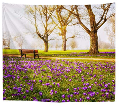 A.Monamour Wanddekor Wandbild Vorhang Wandteppiche Veilchen Blühende Krokus-Blumen Bäume Im Park Garten Frühling Natur Landschaft Landschaft Studio Foto Gedruckt Stoff Wandbehang 229x153cm