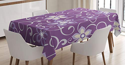 ABAKUHAUS Aubergine Tischdecke, Flieder mit Blättern, Personalisierter Druck mit Klaren Farben Waschbar Wasserfest kein Verblassen, 140 x 200 cm, Lila Weiß