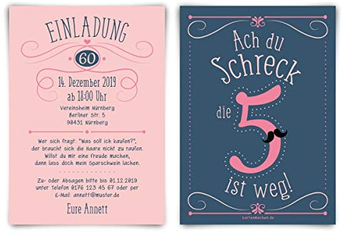 Kartenmachen.de Individuelle 60. Geburtstag Einladungskarten DIN A6 (148x105mm) - Ach du Schreck, die 5 ist weg - ab 10 Stück Sets