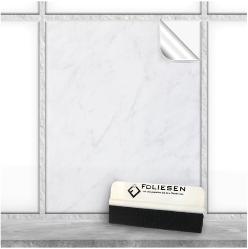 FoLIESEN Fliesenaufkleber 20x25 cm für Bad, Küche, Badezimmer - Fliesen-Folie selbstklebend - 10 Klebefliesen + Rakel, .:White Marble - 20x25 cm