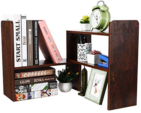 EasyPAG Schreibtisch Regal Holz Freistehend Kleines Bücherregal Verstellbar Schreibtisch Organizer Ständer Bürobedarf Ablage Display Regal,Braun