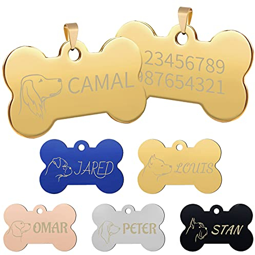 Hundemarke, CAMAL Hundemarke mit Gravur Doppelseitig, Hundeknochen für Verschiedene Hunde, Hunderasse-Avatar Optional (Klein, Golden)