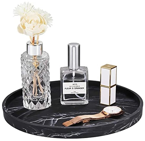 Emibele Bandeja Redondo Elegante, 27 cm Organizador Decorativo de Resina con Veta Mármol para Joyas Cosméticos Perfumes Adornos Baño Tocador Cocina Oficina, Tinta Negra Mate