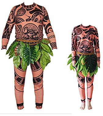 Costume d'Halloween Maui pour homme et enfant - Tatouage - T-shirt + pantalon avec jupe à feuilles - Costume de cosplay pour adulte