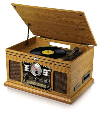 BRITZ Tourne-Disque Retro 2x50W- 33/45/78 Tours - USB SD/Bluetooth Radio FM/Lecteur CD/Cassette - 2 HP Stéréo - Bois