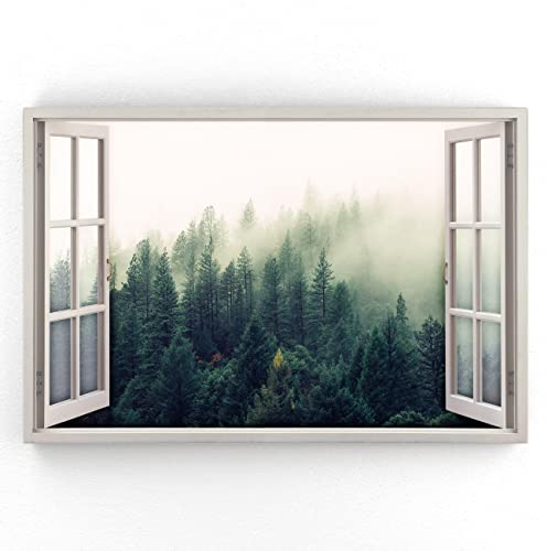 Estika - Leinwand Bilder Fensterblick - Wald, Nebel - 90x60 cm - 1 teilige Wandbilder, Bild auf Leinwand, Modern Deko für wohnzimmer schlafzimmer - Natur Landschafts bilder - 5974A_1L