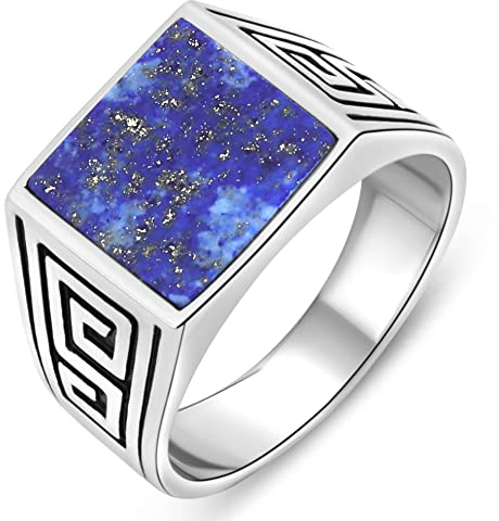 Tony Fein Siegelring Lapislazuli Stein Blau Massiv 925 Silber für Damen und Herren Rhodiniert Anlaufgeschützt 62 (19,7 mm Ø)