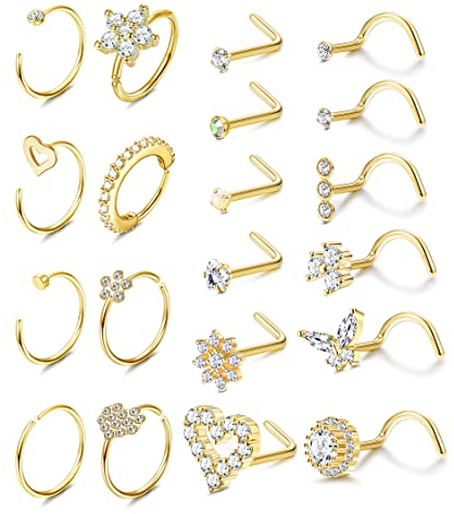 Adramata 20 Stück 20G Nasenring Nasenstecker Chirurgenstahl Nasenpiercing Lippenringe CZ Nasenringe Hoop Septumringe Schwarz Gold Silber Nasenringe für Damen Herren
