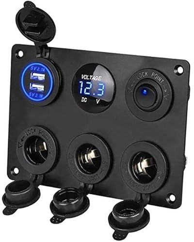 TOTMOX Panneau de commande de voiture 12V/24V avec double chargeur USB Prises de chargeur allume-cigare, panneau de commande de commutateur pour voiture, bateau, caravane marine, bleu