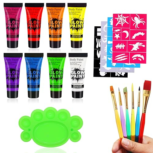 Horuili® Face Paint, UV Körperfarben Set, Schwarzlicht Bodypainting, 8 x 10 ml UV Farbe Schminke, Geeignet für Halloween, Karneval Körper und Gesicht leuchten im Dunkeln Neon Malerei