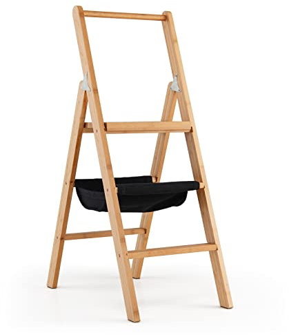 TANGZON Folding 3 Step Ladder, 150KG Capacity Bamboo Stepladder with Storage Bag, High Handrail & Wide Pedal, Multi-Use Lightweight Portable Step Stool for Home Kitchen Office