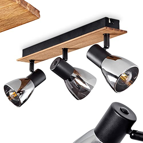 Deckenleuchte Murianette, moderne Deckenlampe aus Metall/Holz/Rauchglas in Schwarz/Natur, Leuchte mit verstellbaren Schirmen aus Glas, 3-flammig, 3 x E14, ohne Leuchtmittel
