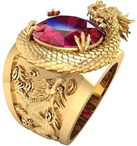 Drachenring für Männer, nordischer Wikinger-Drachenkopf-Ring, roter Kristalldrachenring, goldener Drachentotem-Amulett-Ring, Retro-herrschsüchtige Drachenringe, Punk-Tier-Drachen-Schmuck (17.3)
