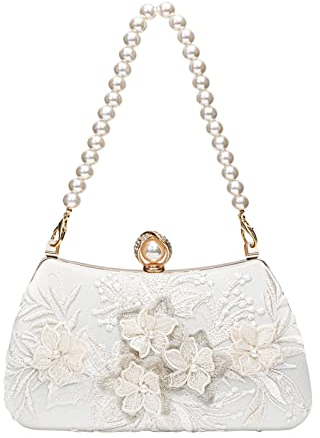 Mulian LilY Hochwertige Clutch mit floralem Spitzen-Satin-Perlen-Griff oben mit abnehmbarer Kette, Blume, Hochzeit, Brauttasche, Elfenbein