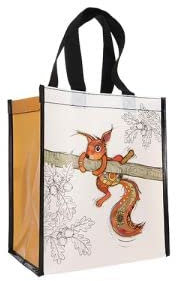 KIUB Einkaufstasche aus recyceltem Material – Motiv Eichhörnchen klettern auf einem Ast – Format 30 x 26 cm mit einer Dicke von 16 cm, weiß, S