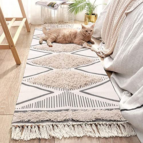 INKAROBOX Baumwolle Teppich Getuftet Baumwollteppich Waschbar mit Quasten, gewebter geometrischer Shag-Überwurf, Boho-Bereichsteppich für Waschküche/Schlafzimmer (Beige, 60 x 180 cm)