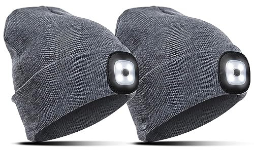 Richaa Geschenke für Kinder Weihnachten 2Pcs Mütze mit LED Licht Kinder Wiederaufladbar LED Strickmütze Wintermütze Grey Beanie Lustige Kleine Geschenke für Mädchen Jungen