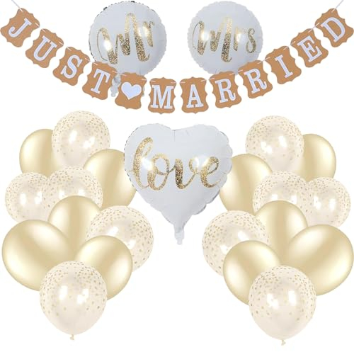 Just Married - 24 decorazioni per matrimonio, coppia di sposi, palloncini a elio e striscioni, decorazione per matrimonio in bianco e oro per una perfetta festa di nozze