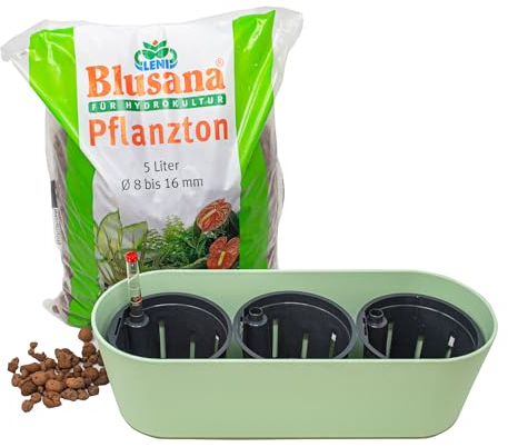 Leni Flori Jardiniere Blumentopf länglich 36 cm Minze/Pastell grün Hydrokultur-Komplett-Set mit Übertopf Hydro-Töpfen Wasserstandsanzeiger & Pflanzton