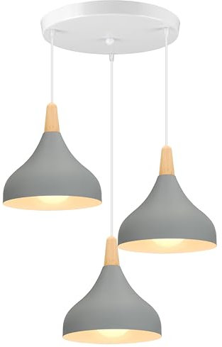 iDEGU Kronleuchter Hängeleuchte Retro 3 Lampen Pendelleuchte Modern Stil Tropfen Hut Deckenleuchte E27 Metall Holz Deckenlampe für Schlafzimmer Esszimmer Küche, Ø 20 cm (Grau, rund)