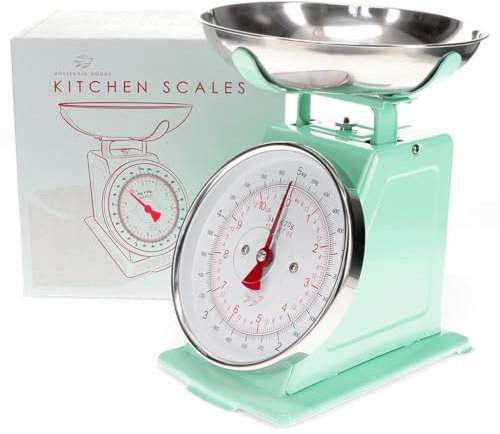 REX LONDON Nostalgische Küchenwaage Mintgrün – Retro-Design, mechanische Küchenwaage bis 5 kg, Vintage Waage mit Edelstahlschüssel, dekorativ & funktional