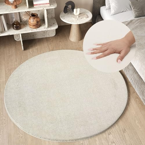 TAPISO Cuddle Teppich Rund Hochflor Creme Langflor Shaggy Einfarbig rutschfest Weich Waschbar Wohnzimmer Schlafzimmer Kinderzimmer ÖKOTEX 160 x 160 cm