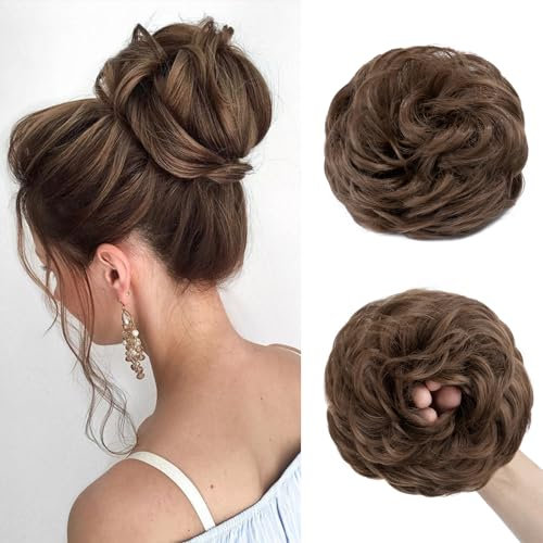 TESS Haarteil Mit Gummiband 55g, Gelockt Haargummi Mit Haaren, Dunkles Kastanienbraun, Groß Dutt Haarteil Haardutt Synthetisch Haarverlängerung für Damen Mädchen