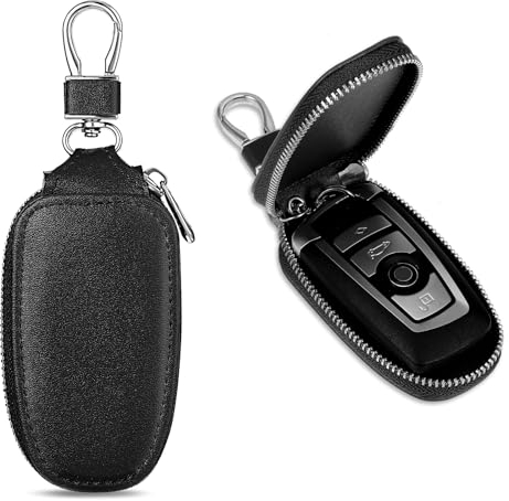 Andibro Autoschlüssel Tasche, Leder Schlüsselanhänger Tasche mit Metallhaken Tragbares Autoschlüssel Hülle mit Reißverschluss für Herren Damen (Schwarz)