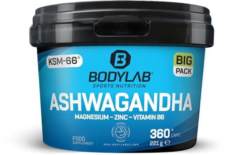 Bodylab24 BIG PACK Ashwagandha Kapseln 360 Stück, fein gemahlenes Ashwagandha Pulver angereichert mit Magnesium, Zink und Vitamin B6, 100% vegan