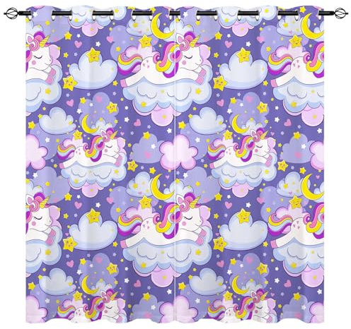 YUANZU Einhorn Vorhänge Kinder Kawaii Schläft Wolken Ösen Gardinen mit Blickdichte Vorhang Kälteschutz Blackout Curtain Kinderzimmer Schlafzimmer Verdunkelung Fenster, 2 Stück, H 160 x B 106 cm