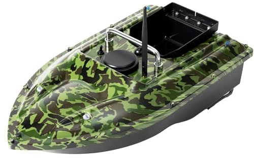 QUIOTUIR 500m Télécommandé Bateau Appât avec LED Dual Motor Fish Finder Leurre de Pêche Auto Batterie Interne Cruise Bateau Camouflage pour Contenir Appâts Granuleux, Appâts Synthétiques