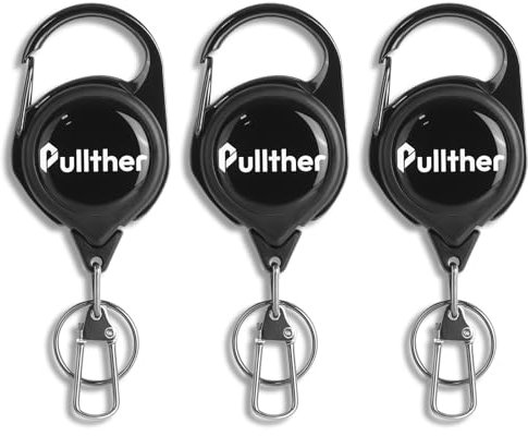 pullther 3 Pcs Retractable Keychain, Fly Fishing Accessories, Fly Fishing Retractor with 360 Degree Rotation Buckle, Badge Reel for Fly Fishing Vest, Badge Holders Retractable - Black