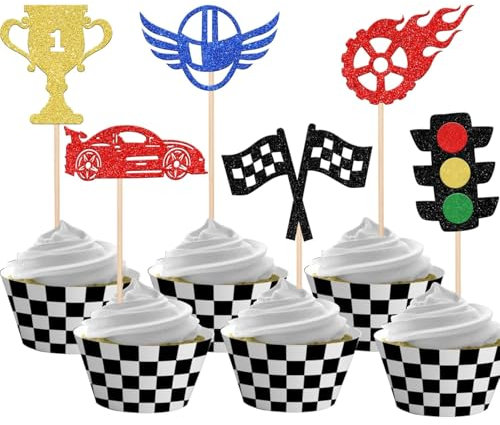 24 Stück Rennwagen Cupcake Toppers Glitzer Ampel Rad Tortendeko Trophy Flag Helm Kuchen Deko für Racing Sport Thema Baby Dusche Jungen Geburtstag Party Kuchen Dekoration