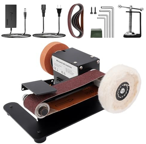 Yofuly Electric Belt Sanding Machine, 350W Mini Belt Grinder Adjustable Angle Desktop Polishing Machine with 10pc Sanding Belts 7 Adjustable Speed Bench Grinder for Woodworking Metal(UK Plug)