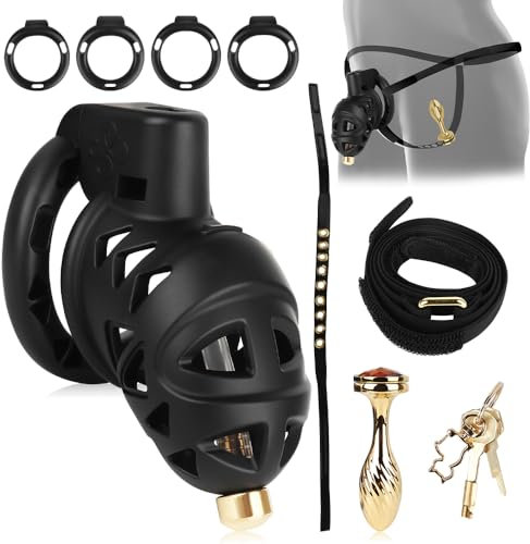 Keuschheitskäfig Herren, Chastity Cage mit Harnröhre Dilator & 4 Cock Rings, Analplug, Penis Plug, Bondage für Erwachsene, Keuschheitsgürtel für Herren Extrem, Chastity Belt Kurz