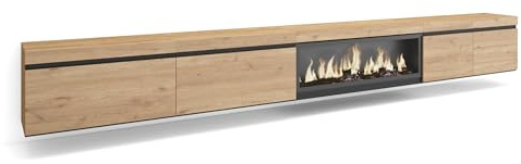 Skraut Home | TV-Schrank, Lowboard | für Wohnzimmer und Esszimmer | 368x45x35 | Elektrokamin XXL | Hängend | Moderner Stil | Eiche