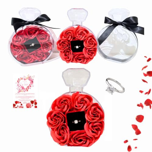 FAMILYCOM. Scatola gioiello con rosa eterna e anello regolabile con diamanti. Regali originali per donna mamma sposa. Confezione regalo San Valentino.